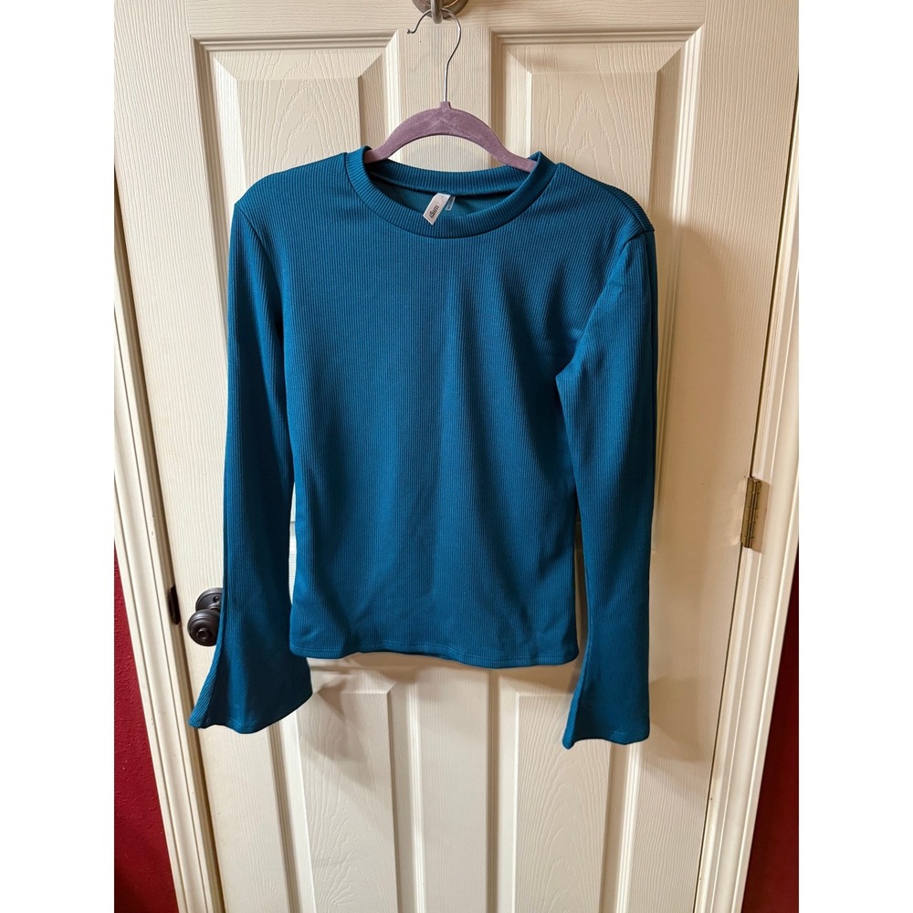 Glam Ribbed Bell Sleeve‎ Crew Neck Long Sleeve Top Teal Blue Size L